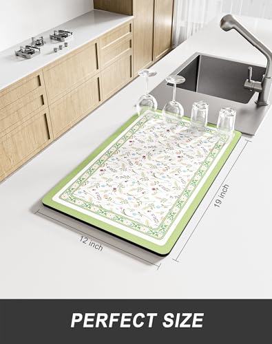 Dish Drying Mat for Kitchen Counter (Green Floral Geometric / 12" x 19")
