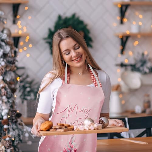 4Pcs Christmas Aprons Pink Xmas Tree Santa Deer Buffalo Plaid Adjustable Kitchen Cooking Aprons for Christmas Holiday Home Party Supplies (Pink Christmas)