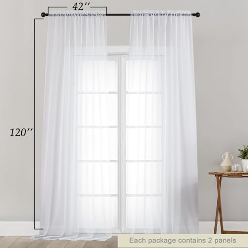 Extra Long Sheer White Curtains for Bedroom Living Room 120 Inches Long 2 Panels Set (White / 42"W x 120"L (Pack of 2))