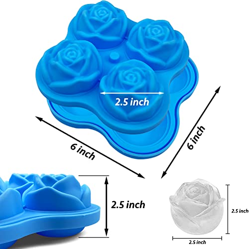 Rose Ice Cube Tray 2.5 Inch [1 Mold + 1 Funnel + 4 Stoppers] (Four 2.5-inch Rose Ice (Blue) / 1 Pack Rose Ice Cube Tray)