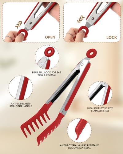 Spaghetti Spoon and Pasta Tong with Teeth and Drain Holes (Red)