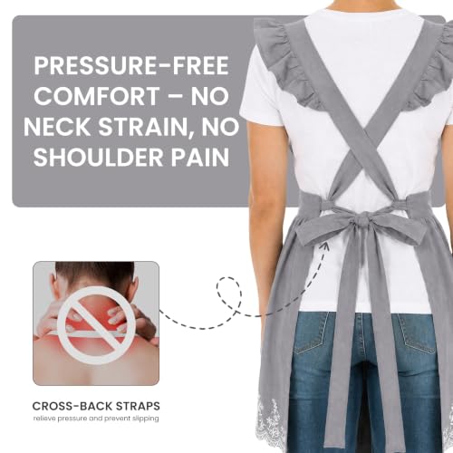 Aoomzoom Vintage Aprons for Woman with Pockets Cute Lace Ruffle Adjustable Apron for Cooking Kitchen Baking Gardening (Sky Grey)