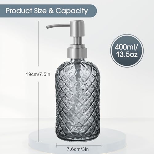 Gem Patterned Glass Soap Dispenser with Rust Proof Stainless Steel Pump (Stainless Steel Pump / Gem-grey)