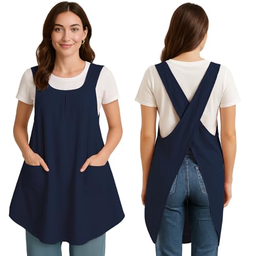 Apron for Women with Pocket Cotton Linen (Navyblue)