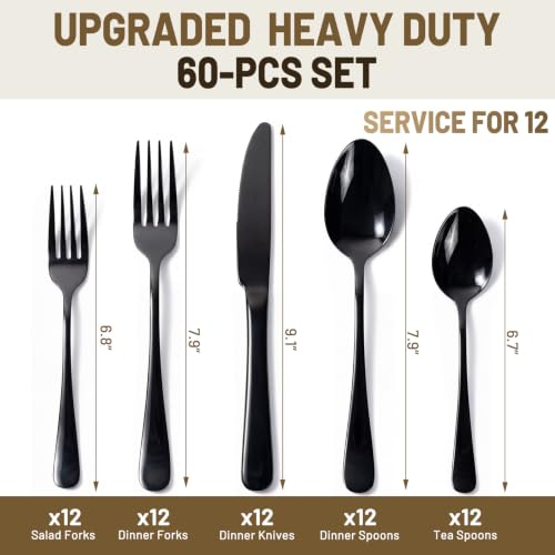 60 PCS NO FADING Black Silverware Set for 12 (Titanium Black / 60 Pack for 12)