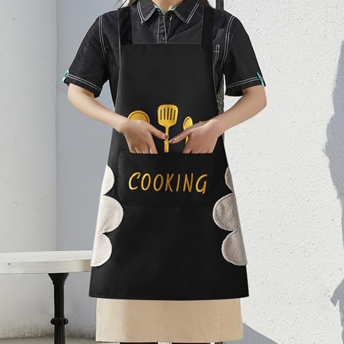 Women Kitchen Apron with Hand Wipe Pockets (Black)