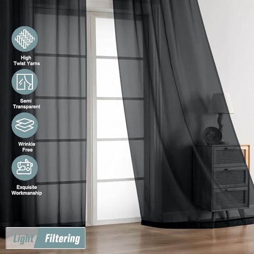 Halloween Black Sheer Curtains for Window 96 Inches Long 2 Panels Set (42"W x 96"L (Pack of 2) / Black)