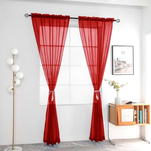 Solid Sheer Rod Pocket Curtain Voile Draperies 2 Panels White Beige Black Grey Ivory 52 Inch Width 54 Inch Long 1 Pair for Kitchen Bedroom Children Living Room Yard (Christmas Red / 52"W x 54"L (Pack of 2))