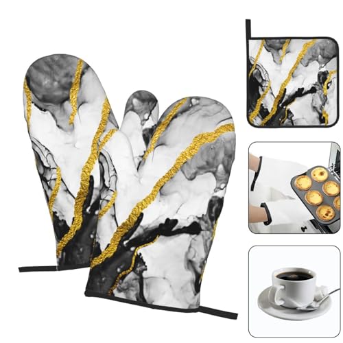 Black White Marble with Gold Stripes Oven Mitts and Pot Holders Set of 3 (Black-gold-marble)