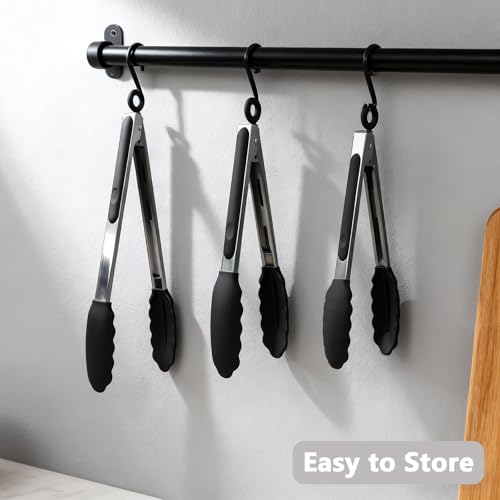 Kitchen Silicone Tongs for Cooking with Nonslip Silicone Tips (Black / 3Pcs, 7+9+12 Inch)