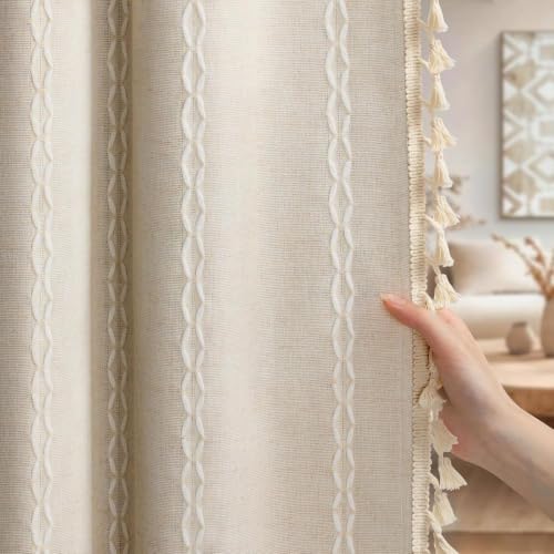 Boho 100% Blackout Curtains 2 Panels Linen Blend Beige 52W X 70L (Beige / 52"W x 70"L (Pack of 2))
