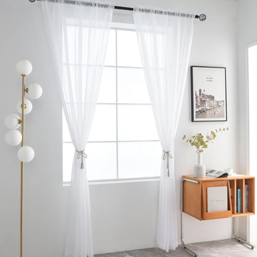 Sheer White Curtains 4 Panels Rod Pocket Semi (White / 52"W x 72"L (Pack of 4))