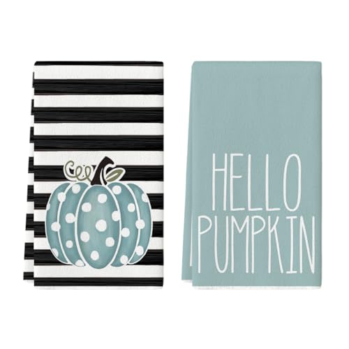 Blue Pumpkin Stripes Fall Kitchen Towels Set of 2 18x26 Inch (Blue)