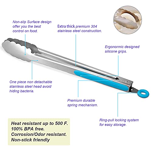 Premium 304 Stainless Steel Tongs Set (9" & 12" / Blue)