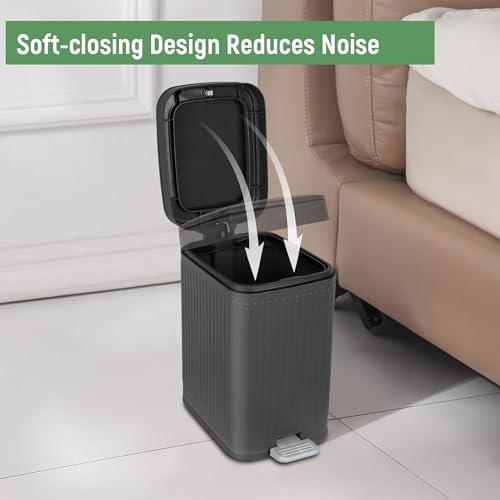 Small Bathroom Trash Can with Lid Slim Soft Close Garbage Can Step Wastebasket Container Trash Bin for Office Bedroom Kitchen Living Room (2.6 Gallon / Dark Gray)