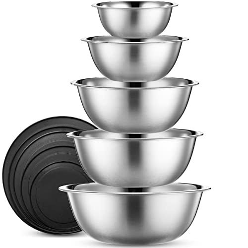 10 Piece Stainless Steel Mixing Bowl Set with Lids for Food Prep & Storage (Silver Bowls - With Black Lids)
