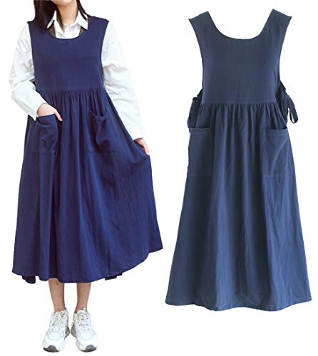 Women Plus Size Cotton Linen Vintage Pleated Split Apron Pinafore Dress with Two Pockets (Navy / 43.4"L)