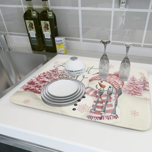 Pink Snowman Dish Drying Mat Xmas Trees Bird Winter Snowy Scene Dish Drainer Mats 18"x24" Microfiber Reversible Dish Drying Rack Pad Protector for Kitchen Countertop Decor (24" x 18")