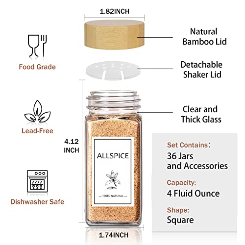 Spice Jars with Labels 36 Pcs 4 oz Glass Bamboo Lids Shaker Set (36PCS/4OZ)