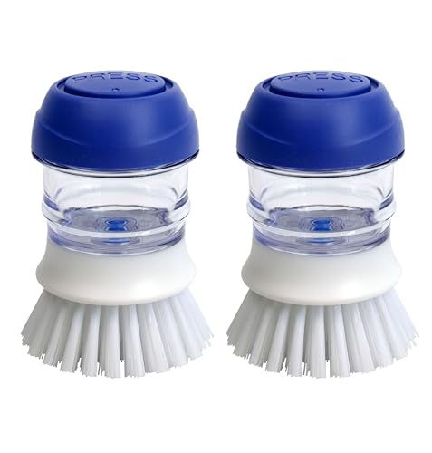 2 Pack Dish Brush with Soap Dispenser for Kitchen Cleaning (Dark Blue White)