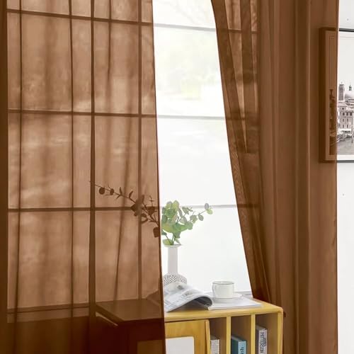 Sheer Voile Window Treatment Rod Pocket Curtain Panels for Kitchen Bedroom Living Room Drapes Sunlight Filtering Privacy Semi Home Decor Assorted (Brown / 52"W x 90"L (Pack of 2))