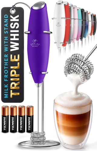 Powerful Milk Frother Wand With Duracell Batteries (Wine Purple / Triple Whisk + Batteries)