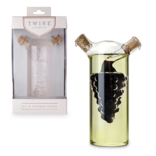 2-In-1 Oil and Vinegar Cruet Bottle with Cork Stoppers, Olive Oil and Balsamic Vinegar Dispenser, Hand Blown Glass, Pack of 1 (9 Ounces)