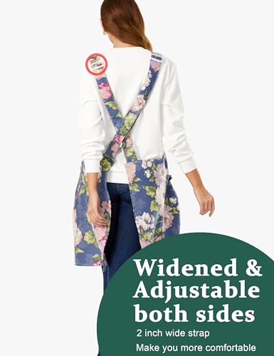 Cozy Adjustable Cross Back Aprons for Women with Pockets Cotton Linen Cooking Kitchen Baking Colorful Peonies (Colorful Peonies)