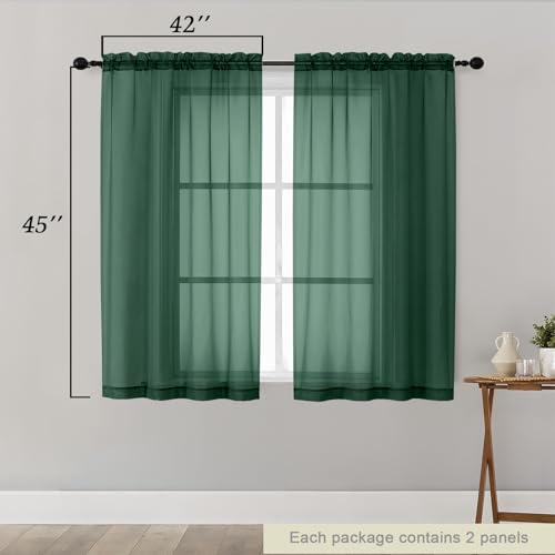Hunter Green Sheer Curtains for Bedroom Living Room 45 Inch Length 2 Panels (Hunter Green / 42"W x 45"L (Pack of 2))