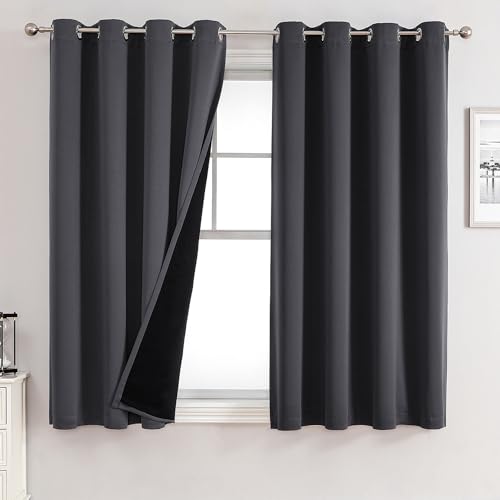 100% Blackout Curtains for Bedroom 2 Panels Set with Black Liner (52"W x 45"L (Pack of 2) / Dark Grey)