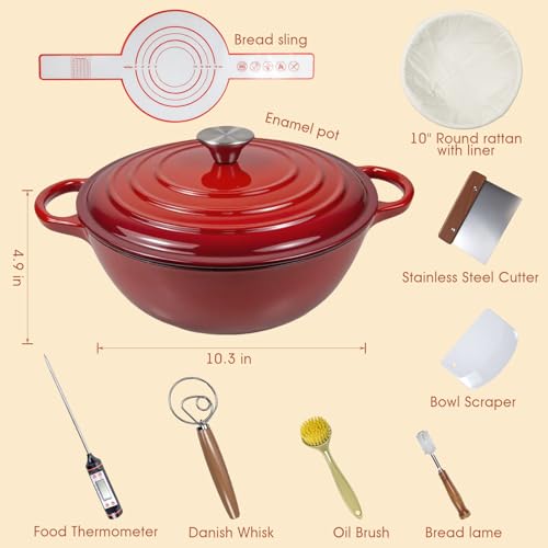 5QT Enameled Cast Iron Dutch Oven for Bread & Multi (Red)