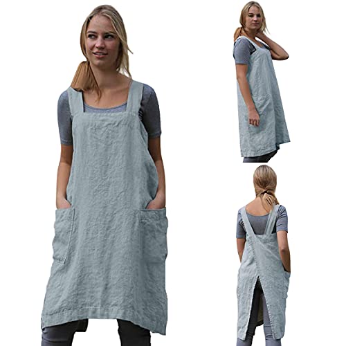 Cotton Linen Apron Cross Back Apron for Women with Big Pockets Square Pinafore Dress for Baking Cooking BBQ & Grill (Light Blue / X-Large)