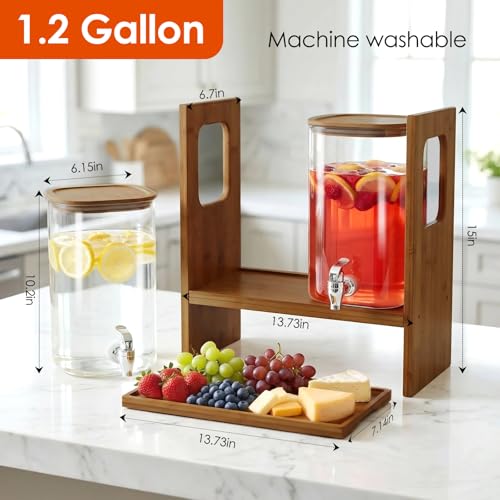 2 PCS 1.2 Gallon Glass Drink Dispenser with Stand and Serving Tray