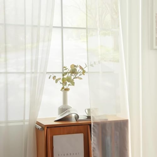Solid Sheer Rod Pocket Curtain Voile Draperies 4 Panels Ivory Beige Black Grey Coffee 52 Inch Width 63 Inch Long 1 Pair for Kitchen Bedroom Children Living Room Yard (Ivory / 52"W x 63"L (Pack of 4))
