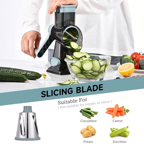 Rotary Cheese Grater with Handle Kitchen Shredder Slicer Grater Slicer Ice Shaver Cheese Vegetable Nuts Potato Zucchini Chocolate 3 Interchangeable Blades (9.06"L x 4.33"W x 9.07"H / GreyBlue)