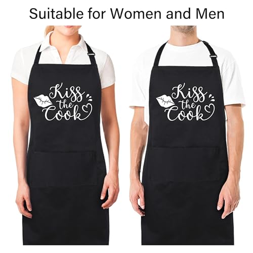 Funny Apron for Men Women 100% Cotton Kiss The Cook Adjustable Bib Aprons with 2 Pockets Funny Gifts Grilling Grill Kitchen Cooking BBQ Black (Kiss the Cook)