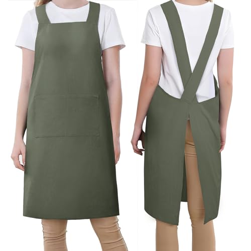 2 Pack Japanese Style Apron with Pockets Linen Cotton Cross Back for Women Men Chef Kitchen Cooking Baking Pinafore Green (Green)