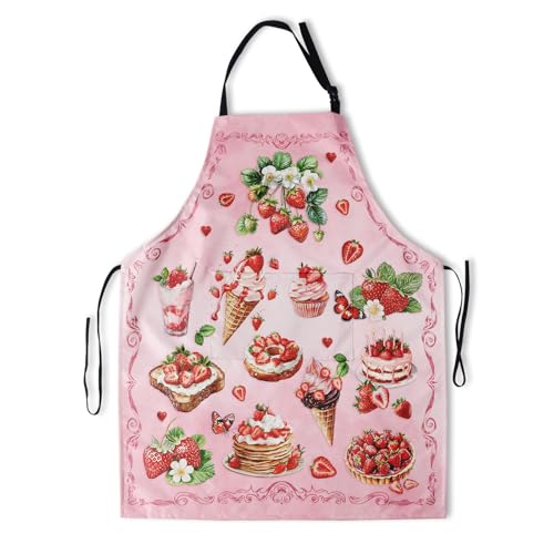 Pink Cake Baking Apron Adjustable Chef Bib Apron with Pocket Strawberry (33" x 28"(Pack of 1) / Strawberry Pink)