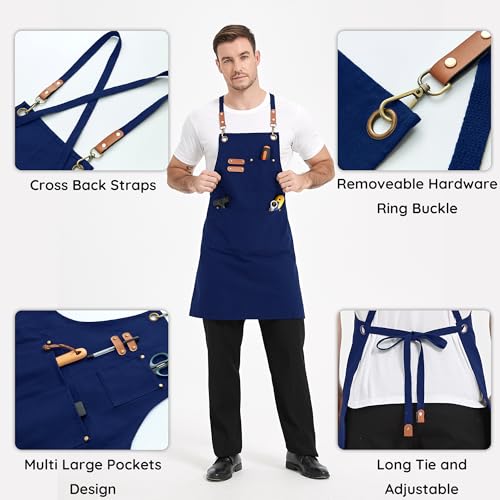 Chef Canvas Aprons with 3 Large Pockets Adjustable Strap for Men Women Blue (Blue)