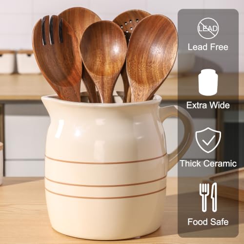 Ceramic Farmhouse Kitchen Utensil Holder for Countertop (Gold Thread Jar Shape)
