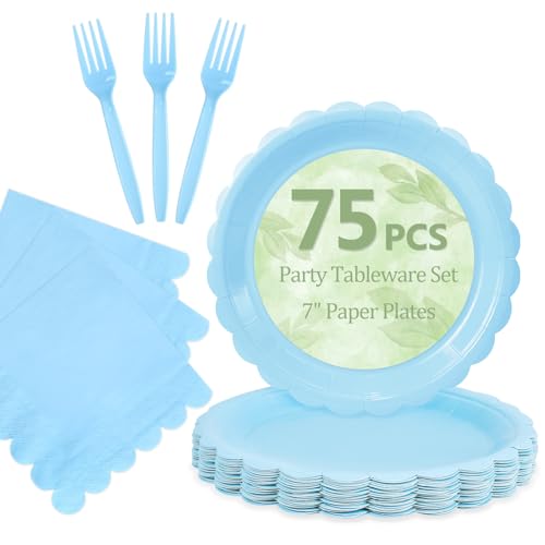Light Blue Paper Plates and Napkins (Light Blue 75 Plates Set / 7-inch Set)
