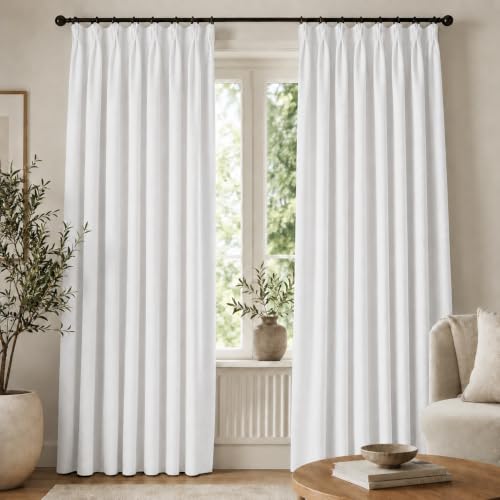 Pinch Pleated 100% Blackout Linen Curtains 96 Inch for Living Room (Cream White/Linen Total Blackout / 40"W x 96"L (Pack of 2))