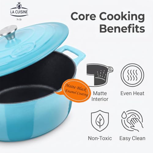 La Cuisine Enameled Cast Iron Oval Dutch Oven Casserole Pot with Lid 6.75 QT Internal Matte Black Enamel Coating for bread baking For GlassTop Oven (6.75 QT Oval / Teal)