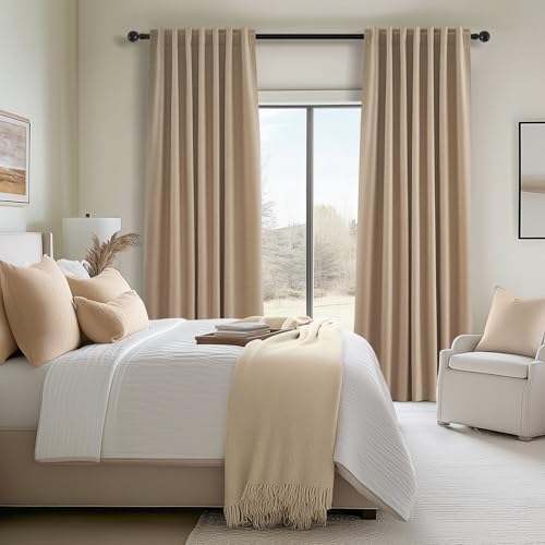 Blackout Linen Blend Curtains 96 Inches Long 2 Panels (Tan / 52"W x 96"L (Pack of 2))