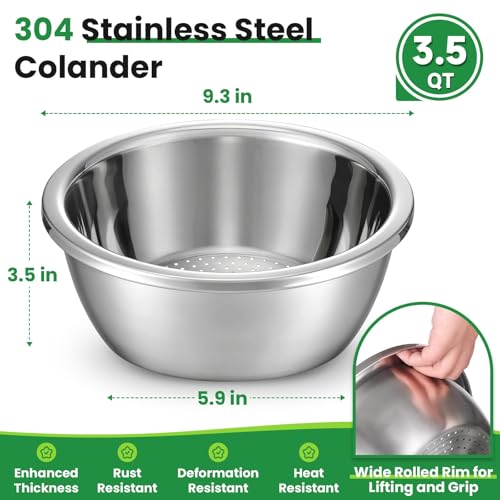 3.5QT Hands Free 304 Stainless Steel Strainer and Colander with Self