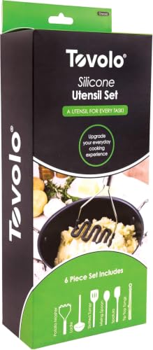 Silicone Cooking Utensil Set of 6 Stainless Steel Handle Ladle Slotted Turner Tongs Flex Core Spatula Scraper Mixing Spoon & Potato Masher (Charcoal)