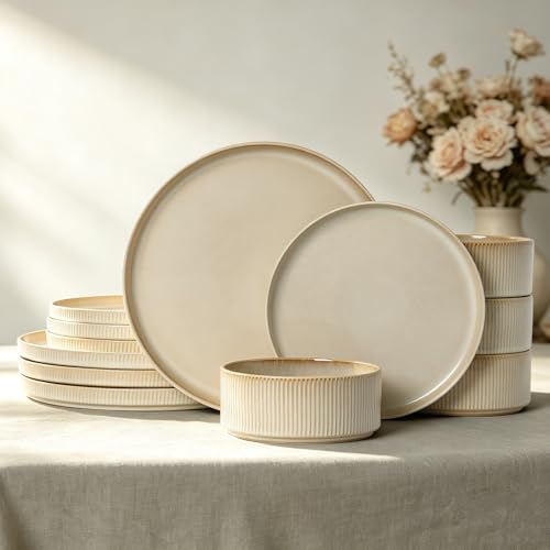 Stoneware Dinnerware Sets for 4 (Beige / 4-Set(12pcs))