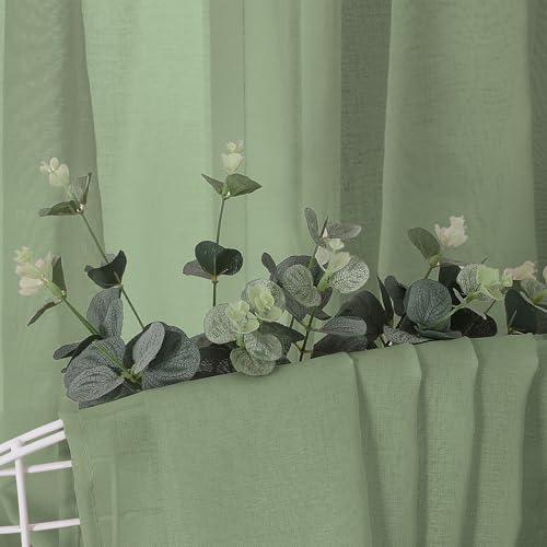Short Sheer Curtains Linen Textured Bedroom Curtain Sheers Light Filtering Rod Pocket Voile Curtains for Living Room (54"W x 45"L (Pack of 2) / Sage Green)