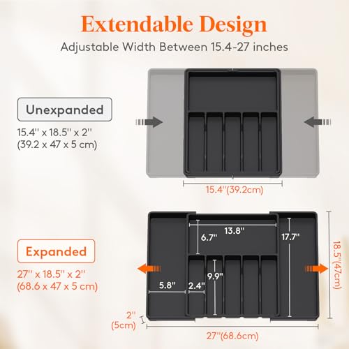 Extra Large Silverware Drawer Organizer (Black / XXL (15-27''W x 18.5''D))