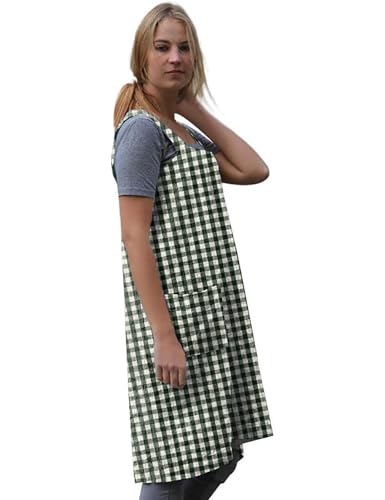 Women's Plaid Cross Back Apron with Large Pockets Home Kitchen (3X-Large / Plaid5)